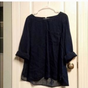 Soft Surroundings Women's L Navy Blue Top 3/4 Sleeve Pocket Soft Hi Lo Hem